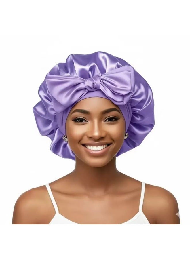 1 Set of Wide Hair Hats with Straps - Silk Sleeping Cap, Round Hat with Bow Extra Large Size, Beauty Hair Care for Curly Hair with Ties for Women and Girls (Purple) - Image 1