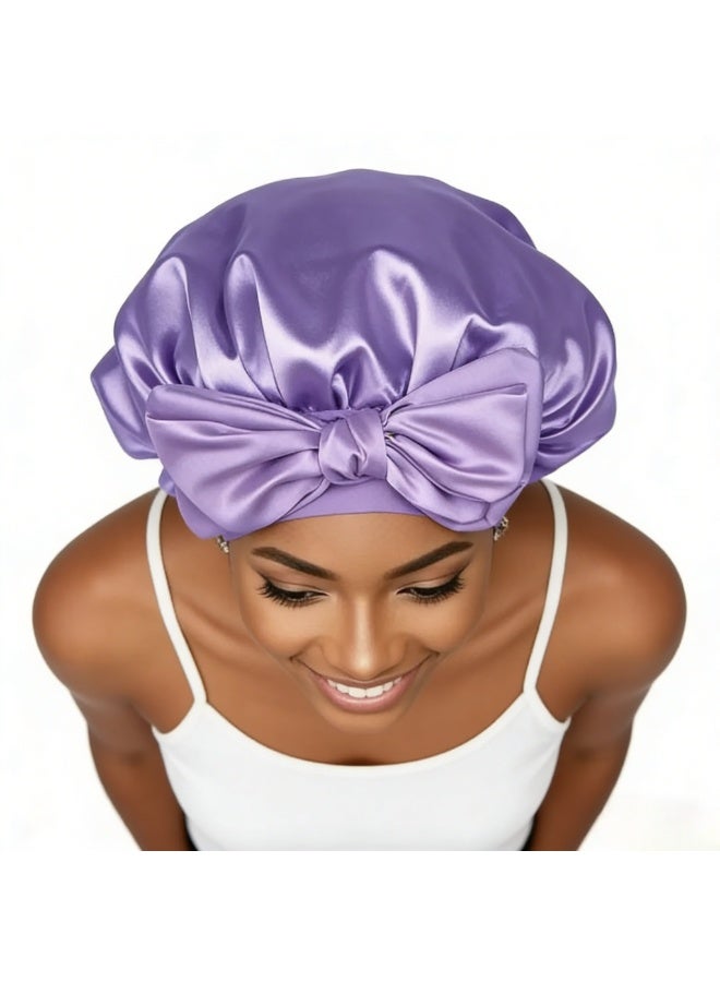 1 Set of Wide Hair Hats with Straps - Silk Sleeping Cap, Round Hat with Bow Extra Large Size, Beauty Hair Care for Curly Hair with Ties for Women and Girls (Purple) - Image 3