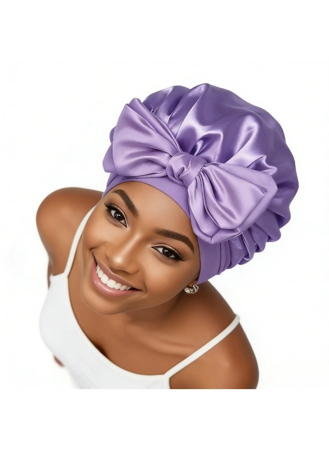 1 Set of Wide Hair Hats with Straps - Silk Sleeping Cap, Round Hat with Bow Extra Large Size, Beauty Hair Care for Curly Hair with Ties for Women and Girls (Purple) - Image 2