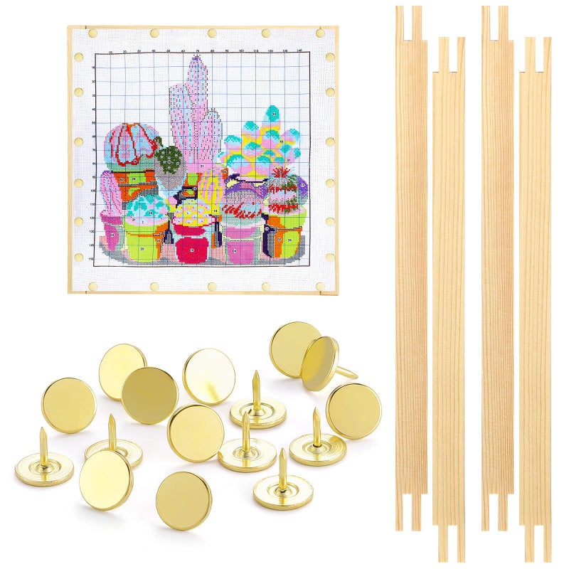 Glooglitter 2 Sets Stretcher Bars For Needlework With Thumb Tacks Regular Needlepoint Stretcher Bars Wooden Canvas Stretcher Bars For Embroidery Stitch Frame Set Bundle With Crafts (12 Inch) - Image 1