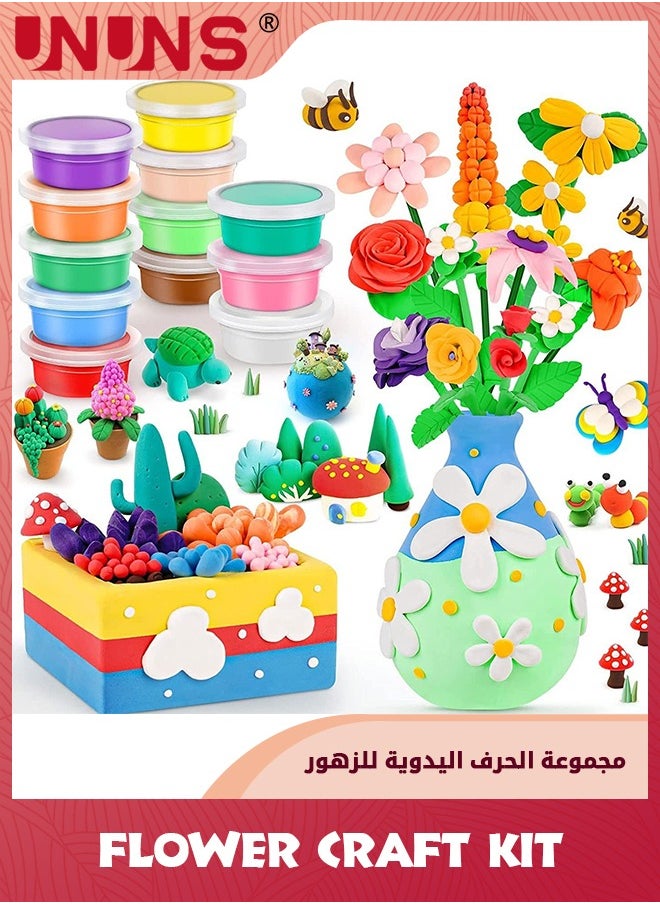 UNUNS 10 Colour Craft Kit,Flower Craft Kit for Kids,Make Your Own Flower Bouquet with Air Dry Clay,Arrange Clay Flowers & Create Personalized Art  - Image 3