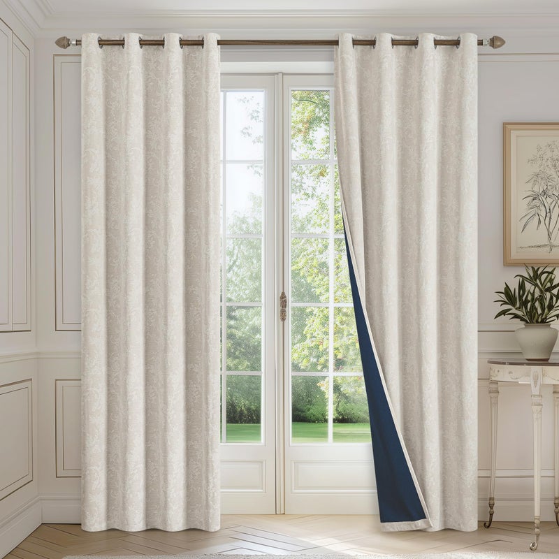 FMFUNCTEX Beige Floral Jacquard Blackout Curtains 96 Inches Long for Bedroom, Scroll Flower Chenille Farmhouse Curtains for Living Room Darkening Thermal Insulated Grommet Window Drapes 2 Panels - Image 2