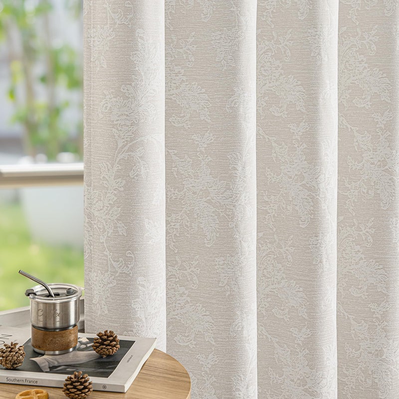 FMFUNCTEX Beige Floral Jacquard Blackout Curtains 96 Inches Long for Bedroom, Scroll Flower Chenille Farmhouse Curtains for Living Room Darkening Thermal Insulated Grommet Window Drapes 2 Panels - Image 1