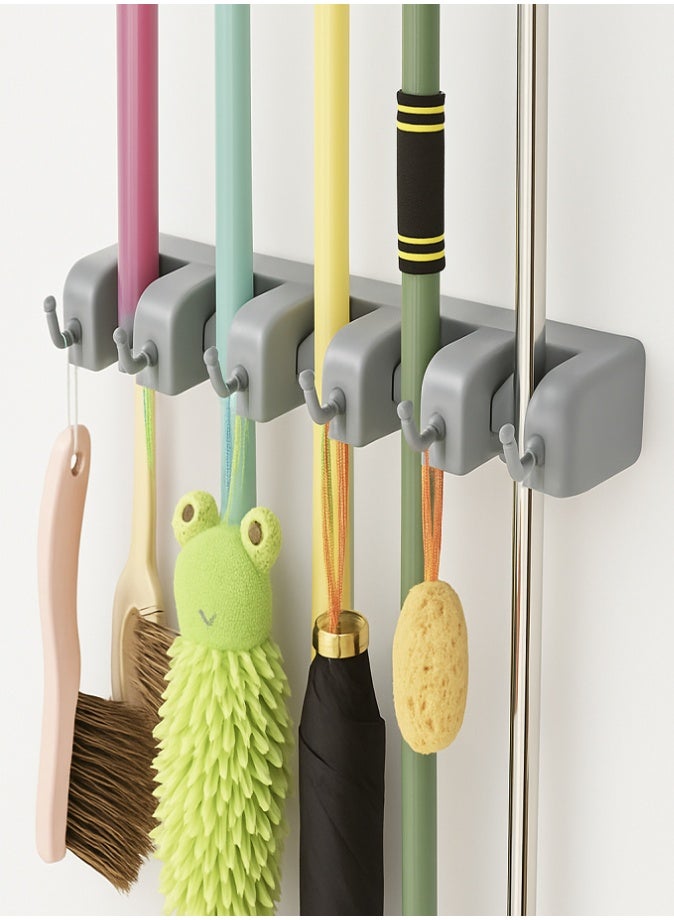 ليفي حامل مكنسة وممسحة حائطي - رف تنظيم أدوات متين بخمس فتحات و6 خطافات للمطبخ، المرآب، الحديقة، وغرفة الغسيل | علاقة مكنسة ومستلزمات تنظيف مانعة للانزلاق وموفرة للمساحة - Image 1