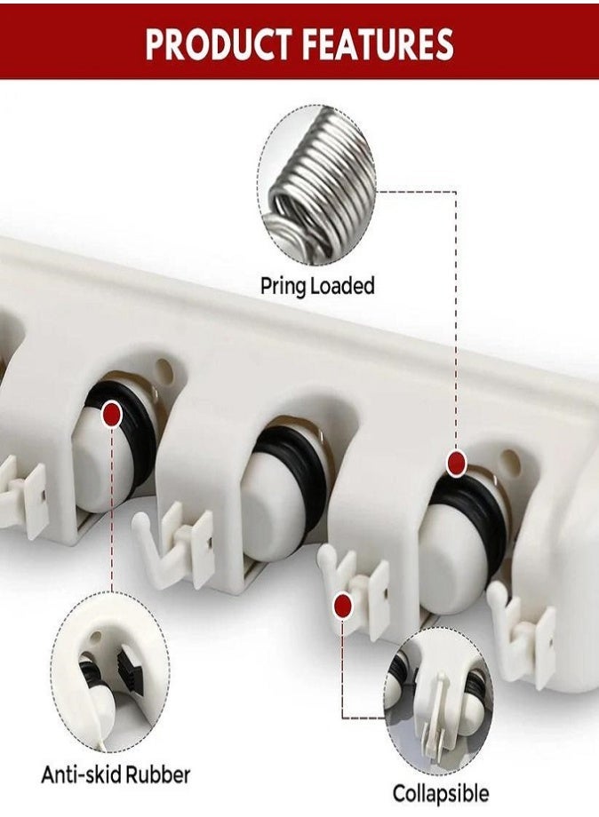 ليفي حامل مكنسة وممسحة حائطي - رف تنظيم أدوات متين بخمس فتحات و6 خطافات للمطبخ، المرآب، الحديقة، وغرفة الغسيل | علاقة مكنسة ومستلزمات تنظيف مانعة للانزلاق وموفرة للمساحة - Image 3