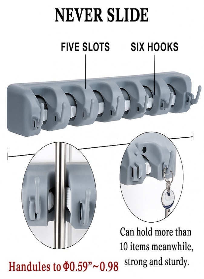 ليفي حامل مكنسة وممسحة حائطي - رف تنظيم أدوات متين بخمس فتحات و6 خطافات للمطبخ، المرآب، الحديقة، وغرفة الغسيل | علاقة مكنسة ومستلزمات تنظيف مانعة للانزلاق وموفرة للمساحة - Image 5