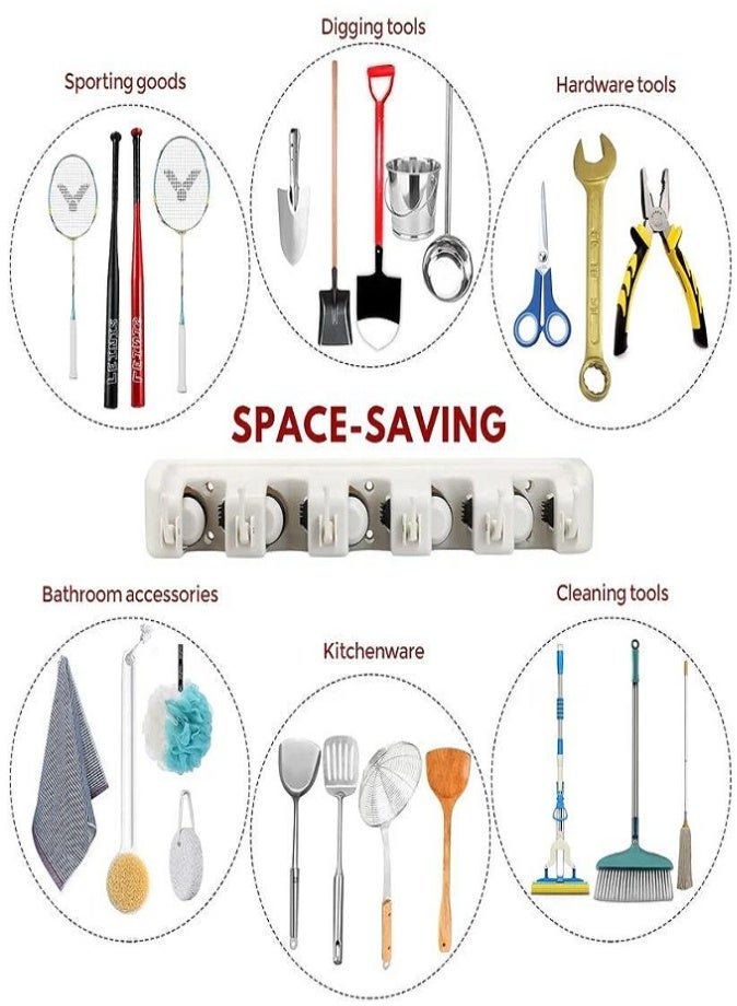 ليفي حامل مكنسة وممسحة حائطي - رف تنظيم أدوات متين بخمس فتحات و6 خطافات للمطبخ، المرآب، الحديقة، وغرفة الغسيل | علاقة مكنسة ومستلزمات تنظيف مانعة للانزلاق وموفرة للمساحة - Image 4
