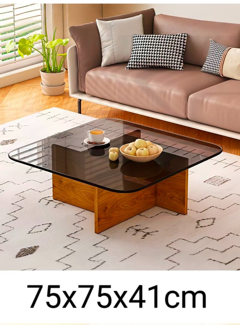 ChenDa Modern Minimalist Square Coffee Table | Thick Tempered Glass Top & Thick Wooden Base | Safe Rounded Corners Design | Suitable for Many Home Styles (Living Room / Reception Area) | 75x75x41cm - Image 3
