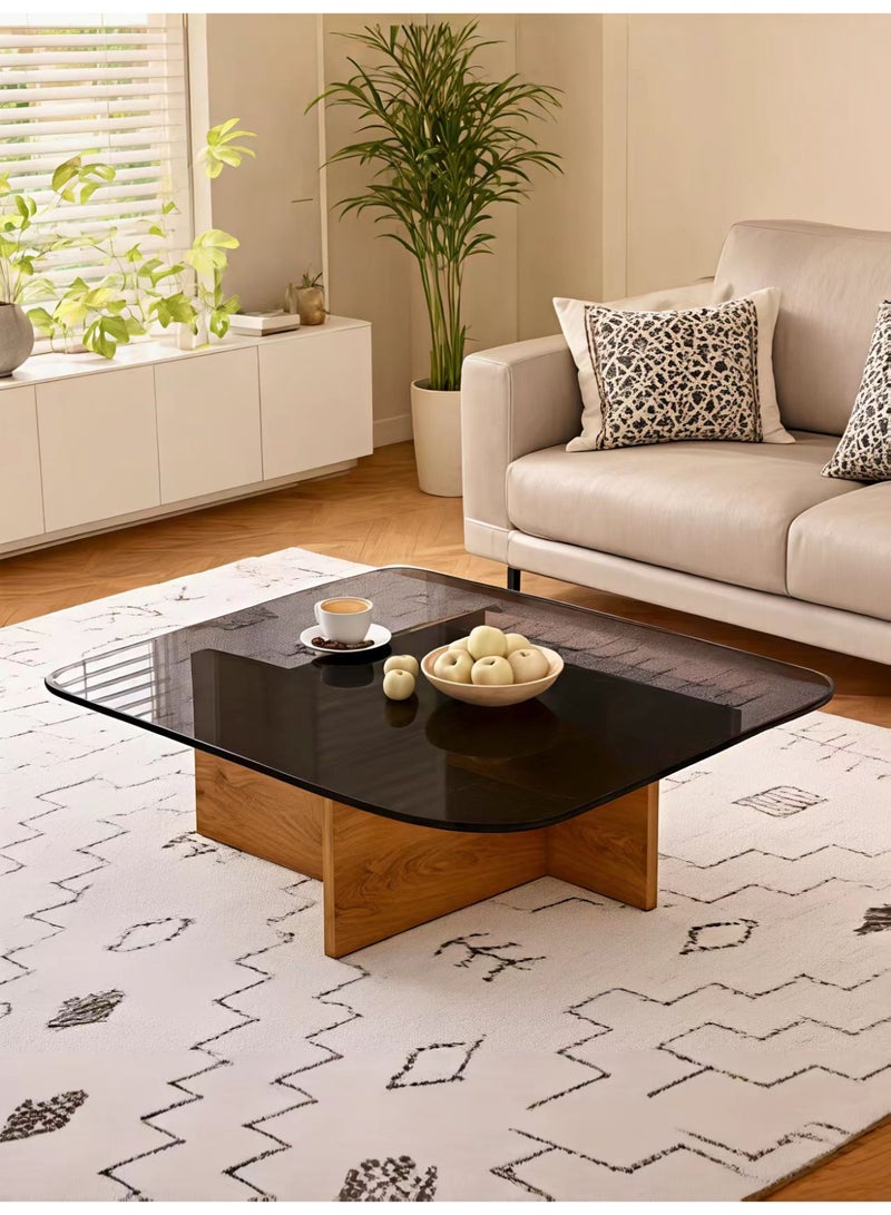 ChenDa Modern Minimalist Square Coffee Table | Thick Tempered Glass Top & Thick Wooden Base | Safe Rounded Corners Design | Suitable for Many Home Styles (Living Room / Reception Area) | 75x75x41cm - Image 1