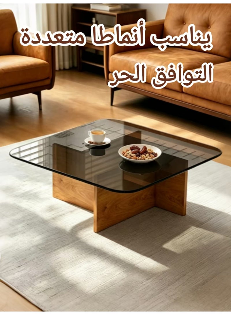 ChenDa Modern Minimalist Square Coffee Table | Thick Tempered Glass Top & Thick Wooden Base | Safe Rounded Corners Design | Suitable for Many Home Styles (Living Room / Reception Area) | 75x75x41cm - Image 5