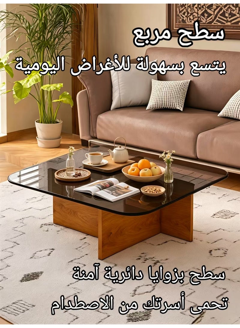 ChenDa Modern Minimalist Square Coffee Table | Thick Tempered Glass Top & Thick Wooden Base | Safe Rounded Corners Design | Suitable for Many Home Styles (Living Room / Reception Area) | 75x75x41cm - Image 4