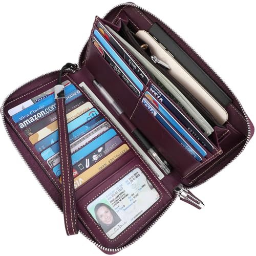 Lavemi Women's RFID Blocking 100% Leather Large Capacity Zip Around Wallet Phone Holder Clutch Travel Purse Wristlet(Large Size Vintage Purple) - Image 2