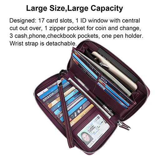 Lavemi Women's RFID Blocking 100% Leather Large Capacity Zip Around Wallet Phone Holder Clutch Travel Purse Wristlet(Large Size Vintage Purple) - Image 3