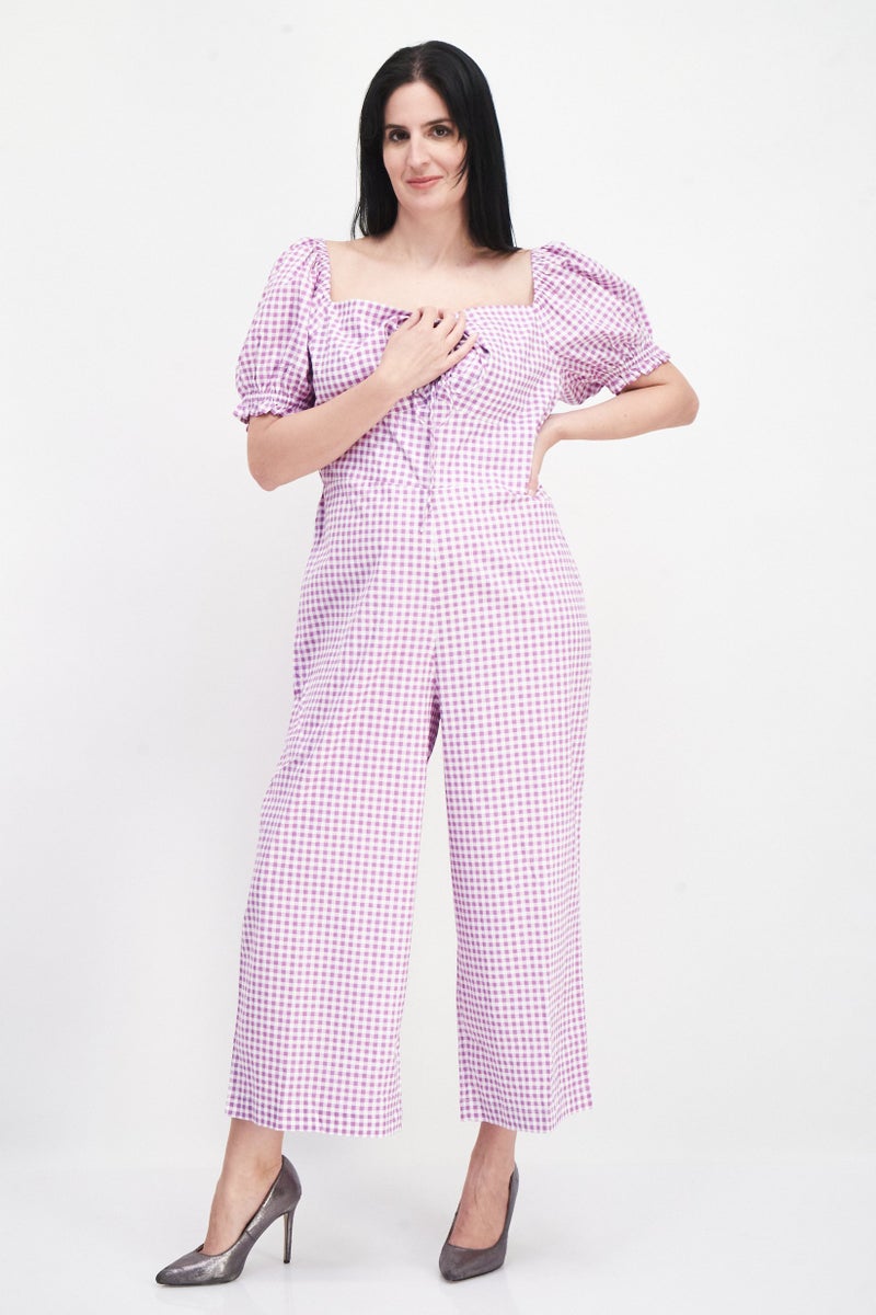 RIVER ISLAND Women Checkered Short Sleeve Jumpsuit, Purple - Image 1