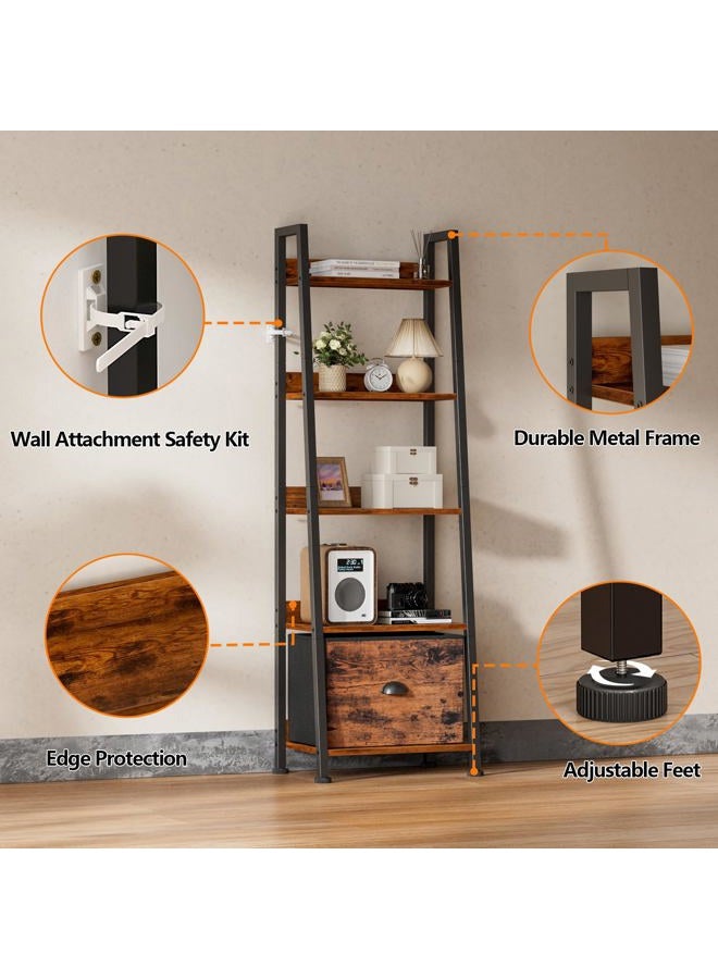 Furologee 5-Tier Ladder Shelf, Ladder Bookshelf with Removable Drawer, Rustic Bookcase Storage Rack Organizer, Wood Metal Freestanding Storage Shelf for Living Room, Home Office, Bedroom, Balcony - Image 4