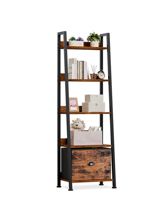 Furologee 5-Tier Ladder Shelf, Ladder Bookshelf with Removable Drawer, Rustic Bookcase Storage Rack Organizer, Wood Metal Freestanding Storage Shelf for Living Room, Home Office, Bedroom, Balcony - Image 1