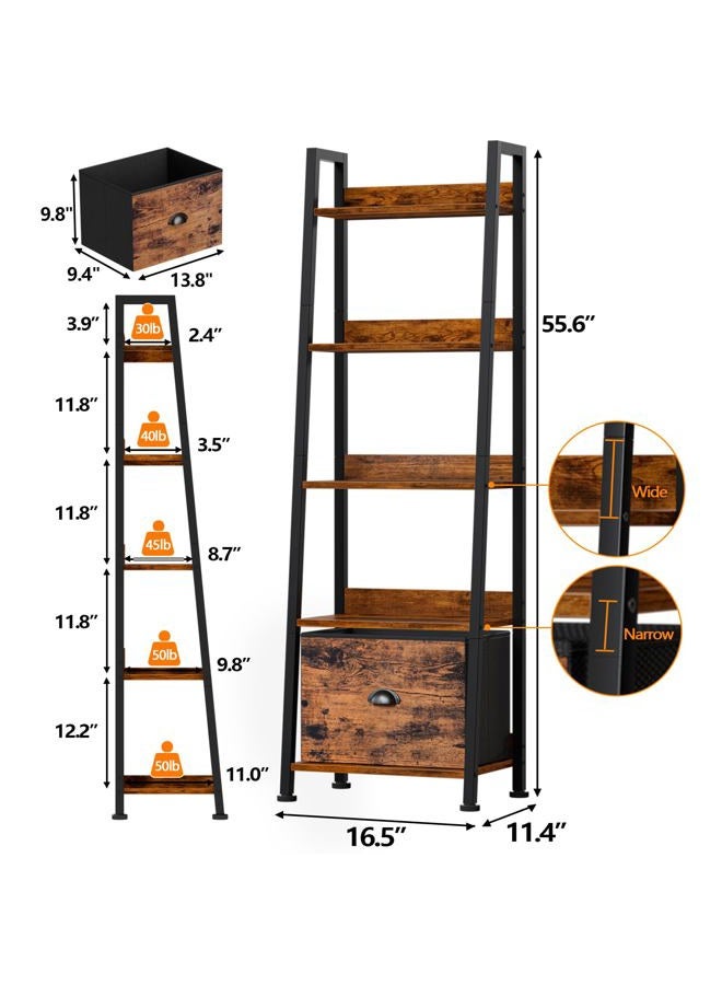 Furologee 5-Tier Ladder Shelf, Ladder Bookshelf with Removable Drawer, Rustic Bookcase Storage Rack Organizer, Wood Metal Freestanding Storage Shelf for Living Room, Home Office, Bedroom, Balcony - Image 3
