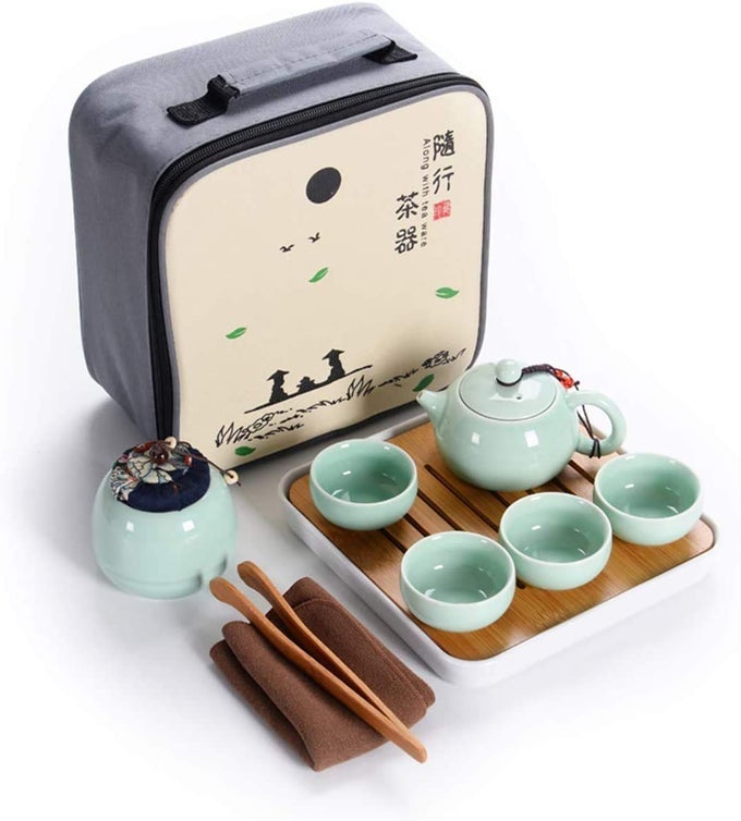 CERAMIC KUNGFU TEA SET TRAVEL TEA SET WITH PORTABLE TEAPOTTEACUPSTEA CANISTERTEA TRAY AND TRAVEL BAGSUITABLE FOR TRAVELHOMEOUTDOOR AND OFFICE PEAK GREEN