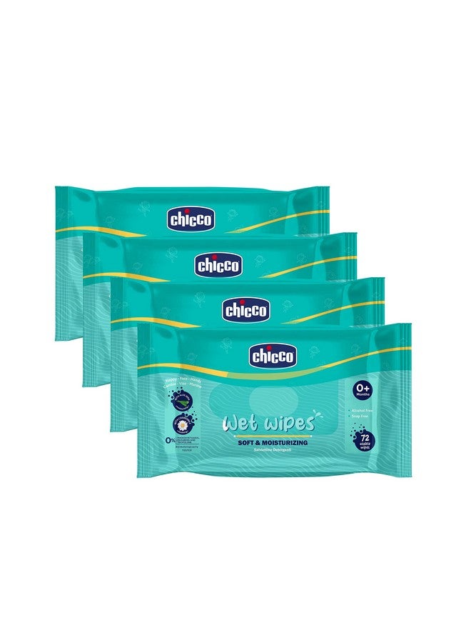 Chicco Soft Cleansing Wet Baby Wipes, Ideal For Nappy, Face And Hand, Dermatologically Tested, Paraben Free, Sticker Pack Of 4 (72 Sheets Per Pack) 288 Pcs  - Image 1