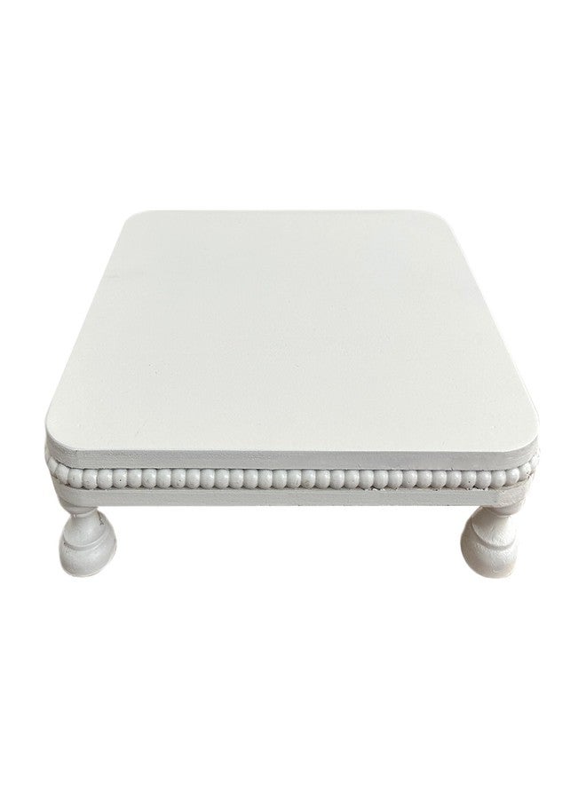 dwellington Farmhouse Display Wood Riser, 12" Decorative Beaded Pedestal Stand, Square Tiered Tray Decor for Kitcher Decor, Countertop (White) - Image 1