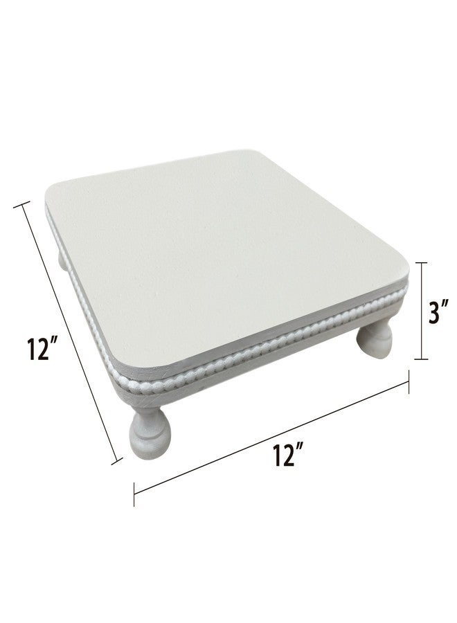 dwellington Farmhouse Display Wood Riser, 12" Decorative Beaded Pedestal Stand, Square Tiered Tray Decor for Kitcher Decor, Countertop (White) - Image 3