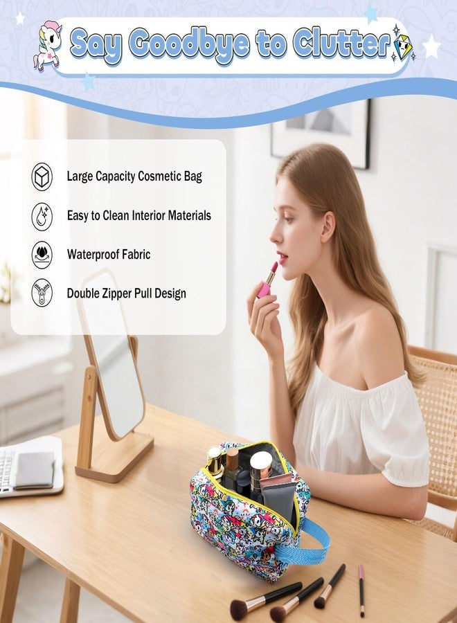 توكي دوكي حقيبة مكياج توكيدوكي للنساء، حقيبة تنظيم مستحضرات التجميل وحقيبة أدوات النظافة ذات سعة كبيرة مع مقبض، حقيبة مكياج محمولة مرخصة رسميًا بتصميم يونيكورنو الكرتوني للسفر - Image 4