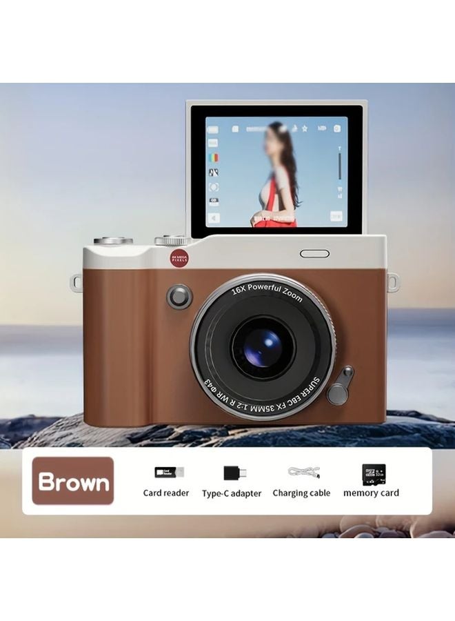 Brown Retro Flip Digital Camera 32GB Memory Card Lanyard Rechargeable Selfie Student Gift - Image 1
