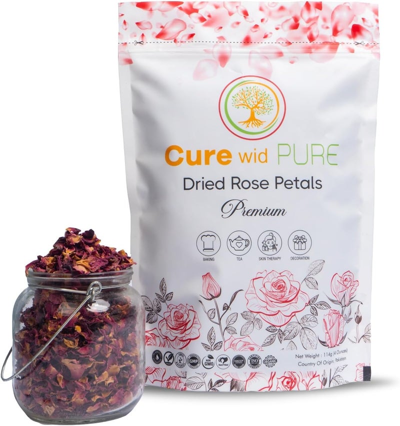 Cure Wid Pure Certified Organic Dried Rose Petals - 4oz Food-Grade Edible Flowers for Tea, Cocktails, Baking, and Skincare - Image 1