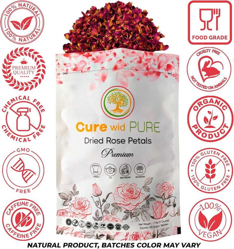 Cure Wid Pure Certified Organic Dried Rose Petals - 4oz Food-Grade Edible Flowers for Tea, Cocktails, Baking, and Skincare - Image 2