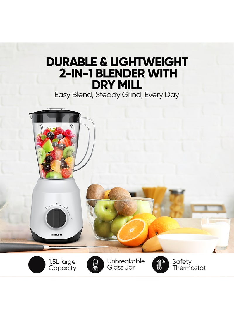 NIKAI 2-In-1 Blender,Unbreakable Pc Jar & 1 mill with 2 Sppeds With Pulse Function, 4 Piece Stainless Steel Blade, Easy To Clean Detachable Parts, Perfect For Blending And Grinding 1.5 L 600 W NB2511AX White - Image 2