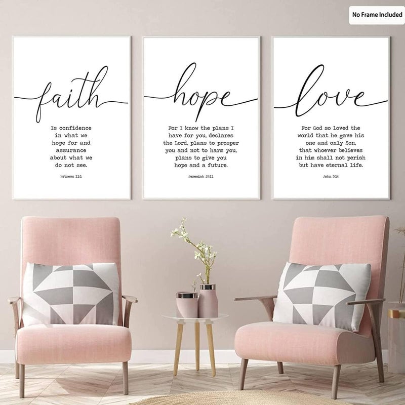 Al Raied ARS® 3 Piece Canvas Faith Hope and Love Bible Verses Wall Art Decor - Image 1