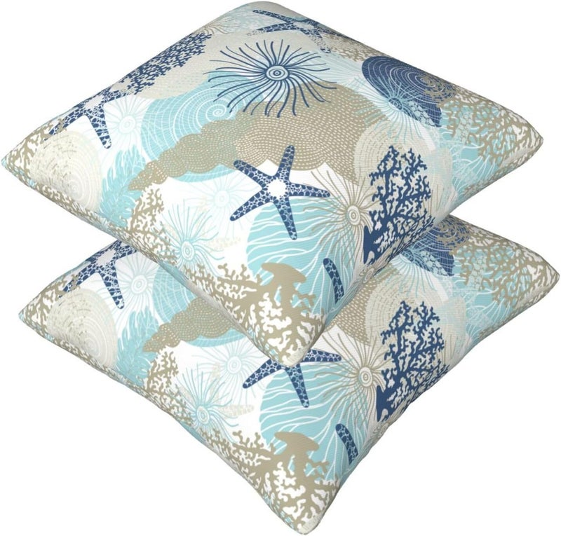 Poream Beach Ocean Starfish Seashell Nautical Coastal Throw Pillow Covers 20x20 in Farmhouse Pillow Case Soft Outdoor Cushion Covers Set of 2 for Sofa Bed Bedroom Car Chair Living Room Home Decorative - Image 5