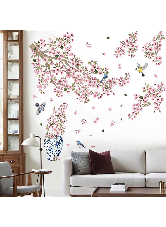 S-TOP Cherry Blossom Wall Decals for Bedroom: Peel and Stick Pink Flower Bird Tree Branch Wall Stickers - Living Room Bathroom for All Adults - Image 1