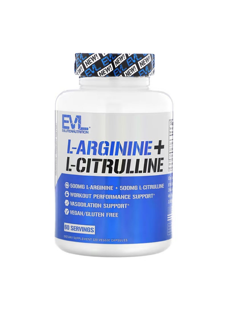 EVLUTION NUTRITION L-Arginine + L-Citrulline, 120 Veggie Capsules