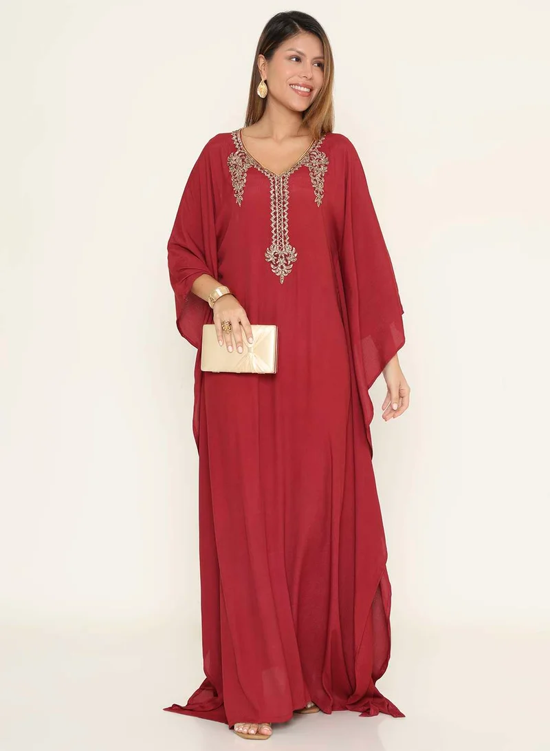 HANA & SARA Rich Red Kaftan Dress with Golden Neckline Embroidery