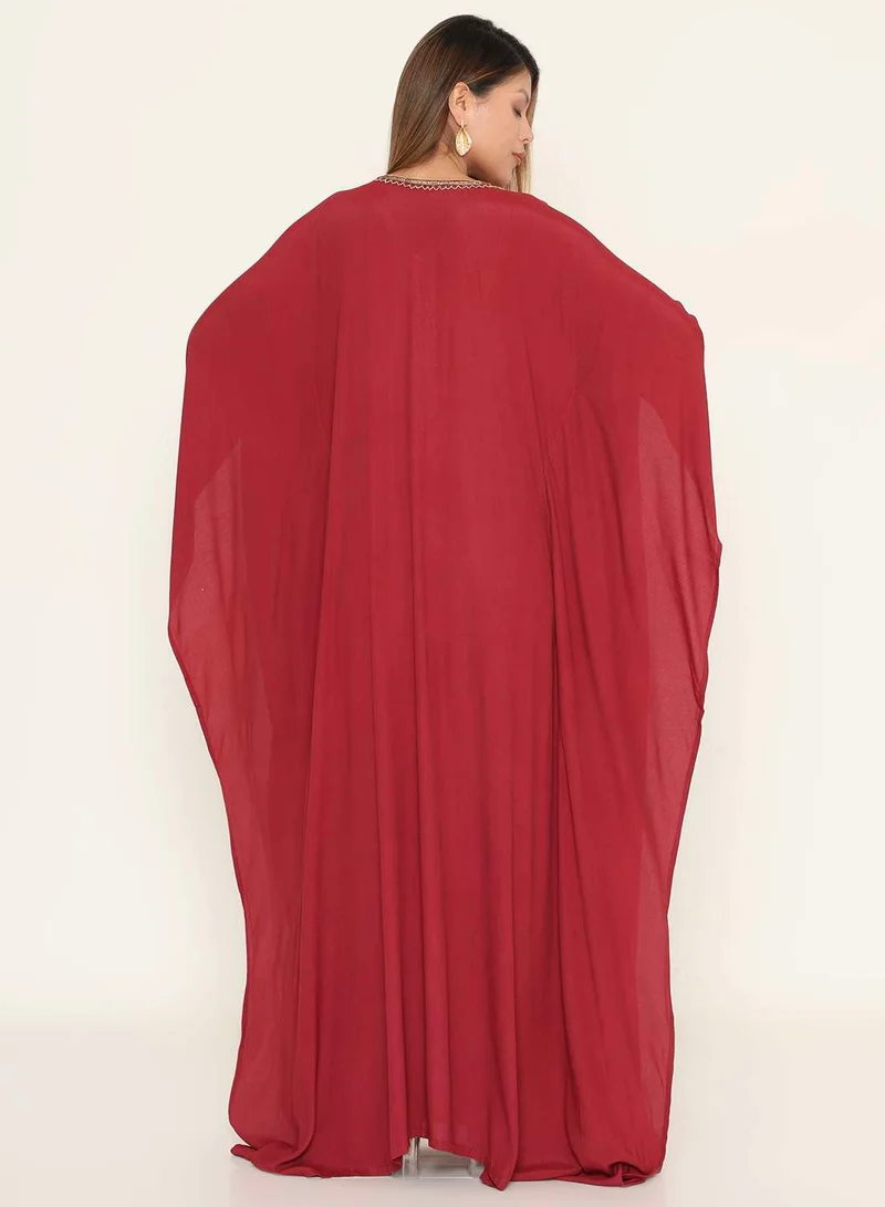 HANA & SARA Rich Red Kaftan Dress with Golden Neckline Embroidery