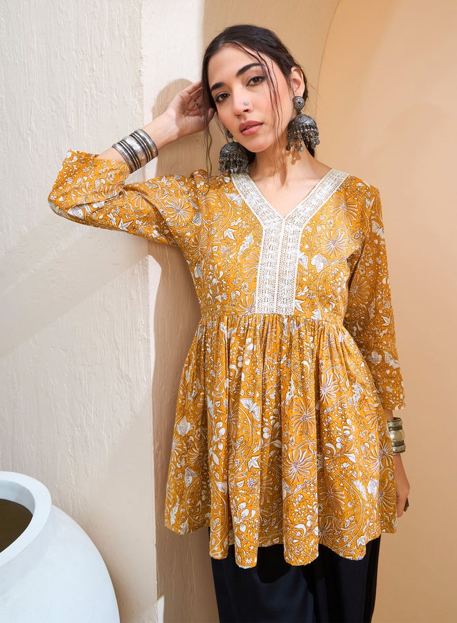 SASSAFRAS Mustard Floral Cambric V Neck Peplum Kurti - Image 1