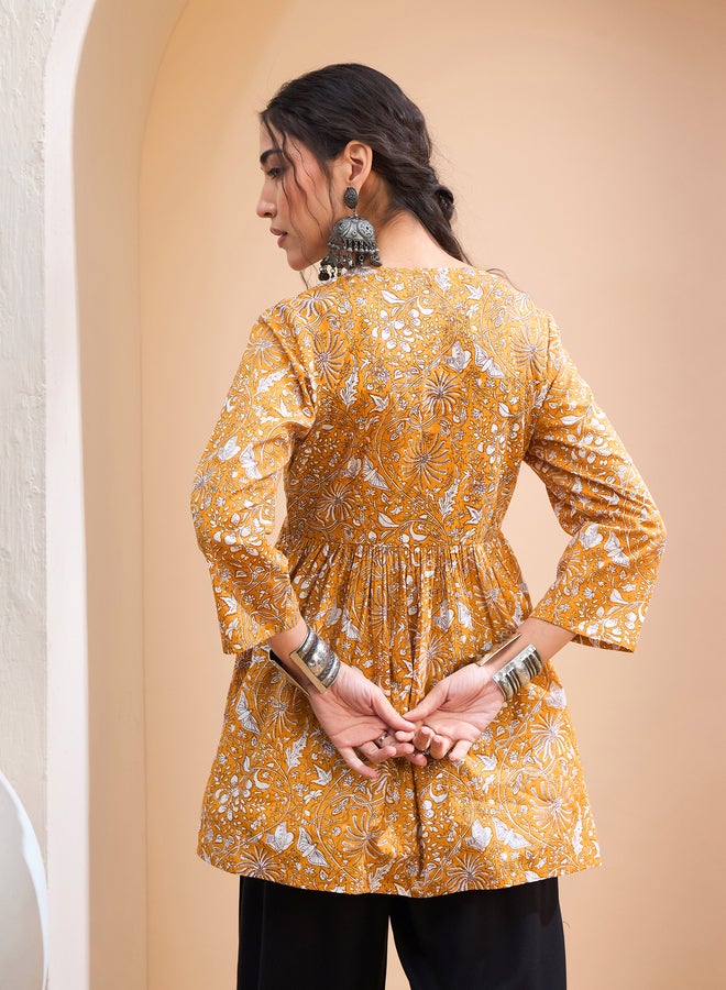 SASSAFRAS Mustard Floral Cambric V Neck Peplum Kurti - Image 5