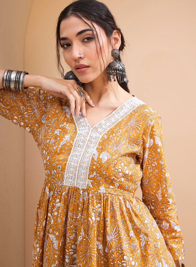 SASSAFRAS Mustard Floral Cambric V Neck Peplum Kurti - Image 4