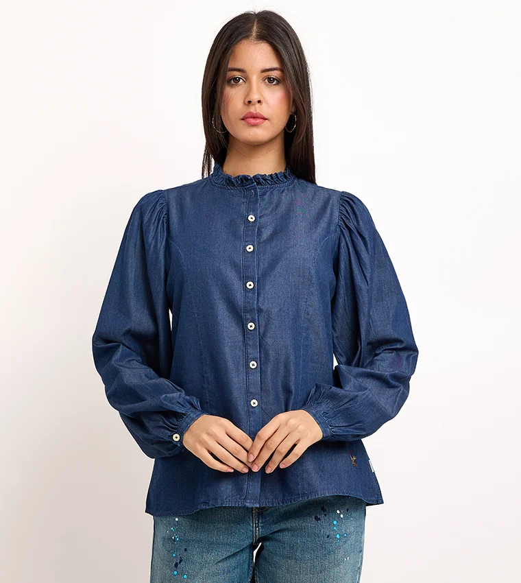 Solid Balloon Sleeves Denim Shirt