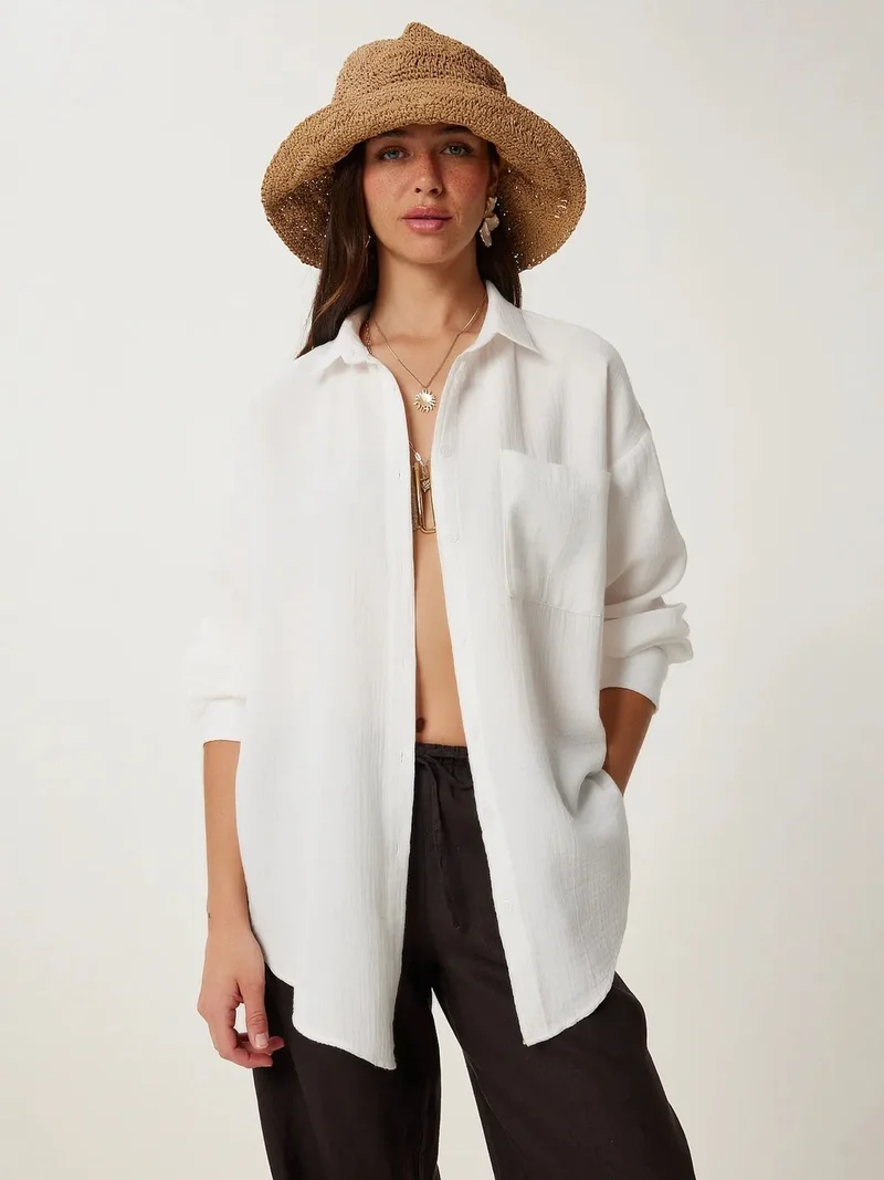 السعادة في إسطنبول ISTANBUL Oversized Textured Cotton Shirt with Pocket