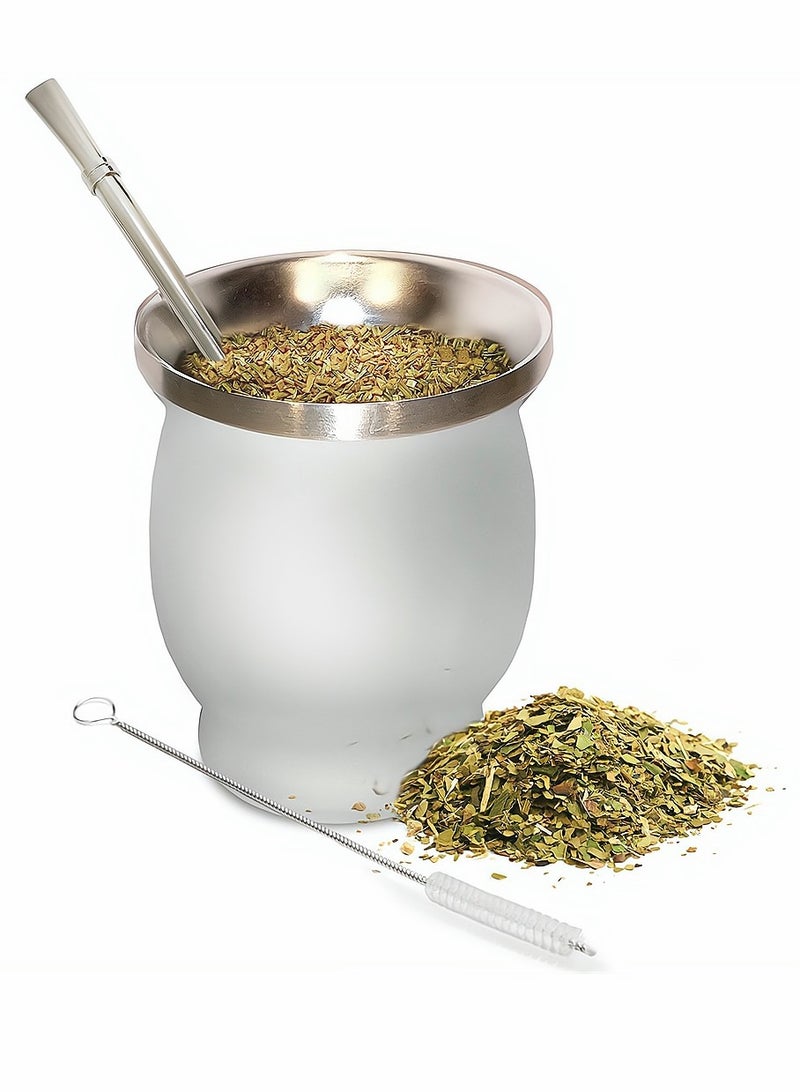 SYOSI Yerba Mate Tea Cup, Stainless Steel Double Walled Easy Wash Household Insulation Cup, Mate Gourds for Yerba Mate Loose Leaf Drinking with Bombilla Straw, White Color, 230 Ml - Image 1