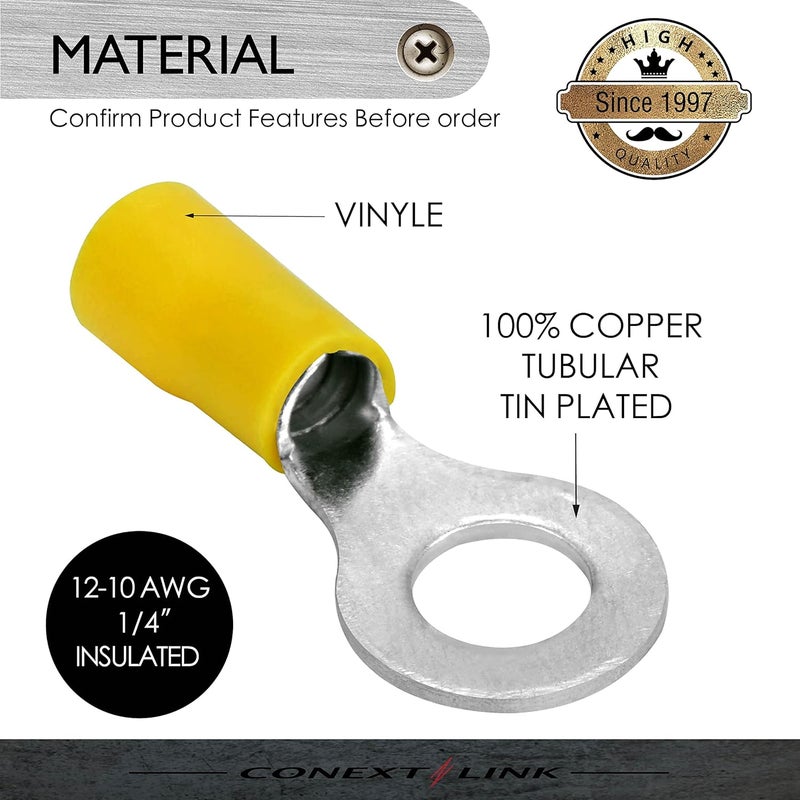 Conext Link RTV-14Y25 Vinyl Ring Terminal 25 Pack (1/4" Stud, Yellow 12-10 Gauge) - Image 2