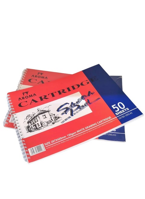 Professional A3 Sketch Book – 50 Sheets Smooth Cartridge Drawing Paper - Artist Spiral Sketch Book A3 – 120gsm White Paper for Fine Art & Designs ( pack of 2 )