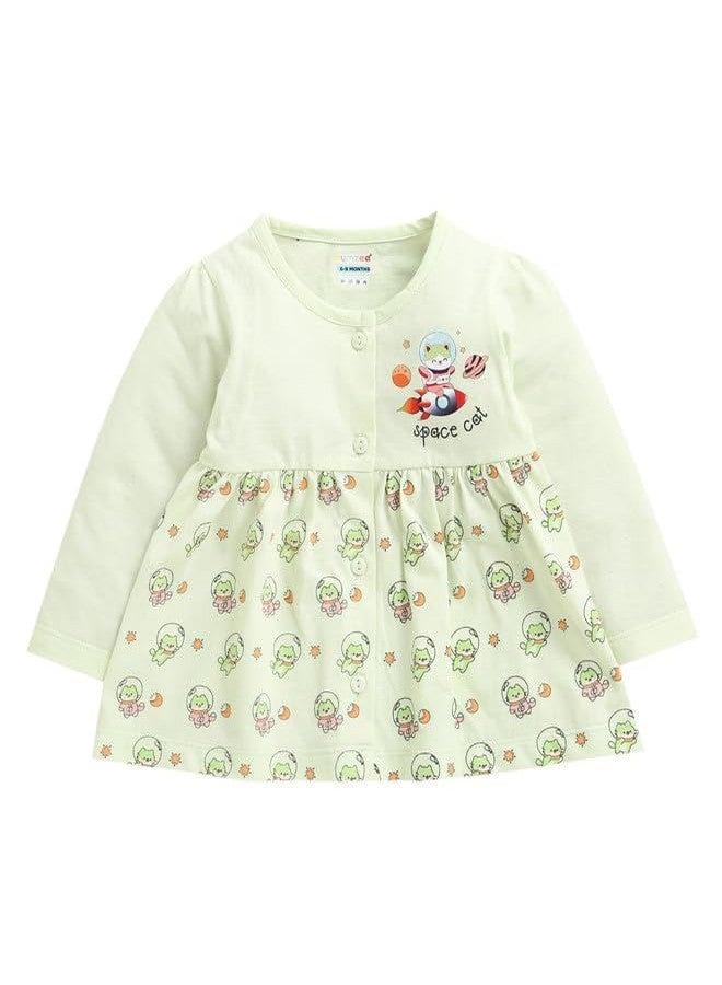 BUMZEE فستان بناتي قطني يصل إلى الركبة بتصميم ضيق من الأعلى وواسع من الأسفل، لون أخضر فاتح - من 0 إلى 3 أشهر (Peb10676B-lgn) - Image 1