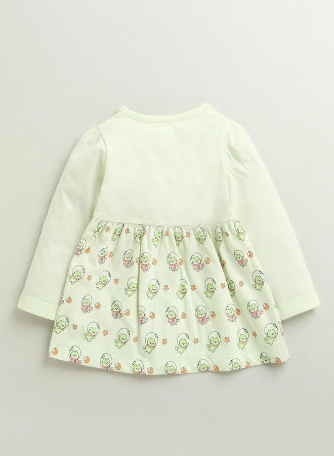 BUMZEE فستان بناتي قطني يصل إلى الركبة بتصميم ضيق من الأعلى وواسع من الأسفل، لون أخضر فاتح - من 0 إلى 3 أشهر (Peb10676B-lgn) - Image 3