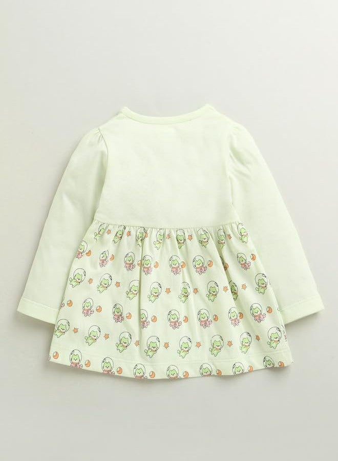 BUMZEE فستان بناتي قطني يصل إلى الركبة بتصميم ضيق من الأعلى وواسع من الأسفل، لون أخضر فاتح - من 0 إلى 3 أشهر (Peb10676B-lgn) - Image 2