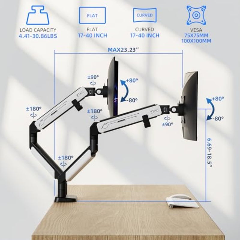 Dual Monitor Arm, Heavy Duty Monitor Desk Mount with Gas Spring, Full Adjustable VESA Monitor Mount for 17-38 inch 2-14KG Screens, Dual Monitor Stand with Ergonomic Design - Image 2