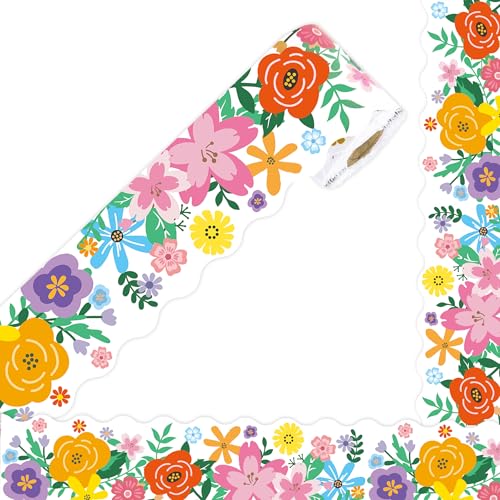 UNIIDECO 65.6ft Bulletin Board Borders, Flower Bulletin Board Decorations Scalloped Border Trim Rolled Borders Classroom Bulletin for Back to School Office Classroom Spring Decor - Image 1