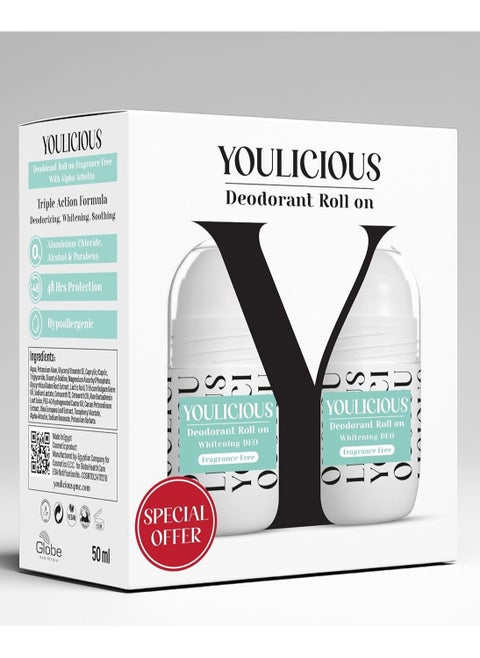 Youlicious Deodorant Roll on Fragrance Free 1+1 50ML